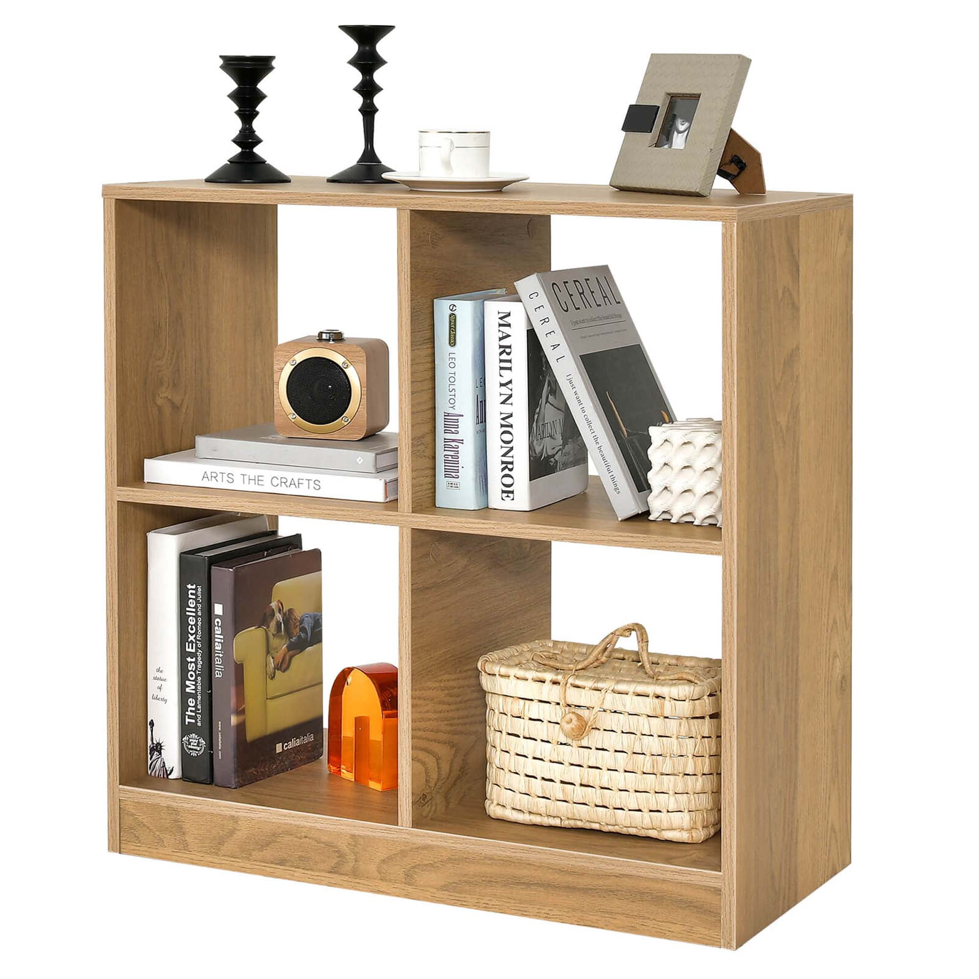 Costway Kids Toy Storage Organizer 4-Cube Wooden Display Bookcase with Anti-toppling Device Natural