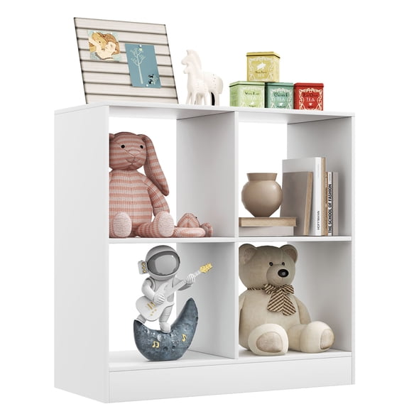 Costway Kids Toy Storage Organizer 4-Cube Wooden Display Bookcase with Anti-toppling Device White