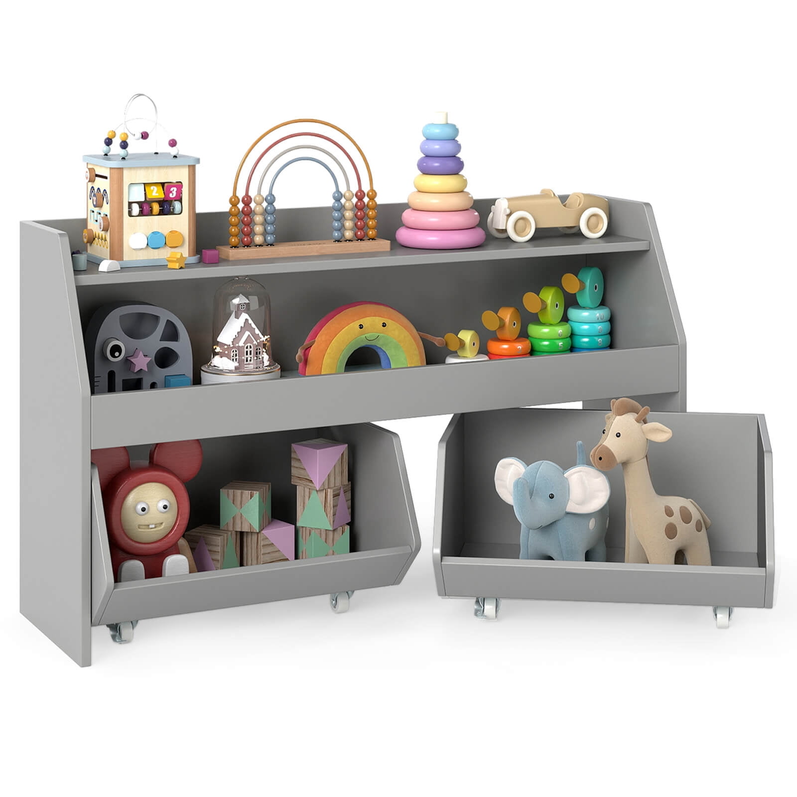 Costway Kids Toy Storage Organizer with 2 Movable Drawers Open Shelf Compartment for Kids Gray