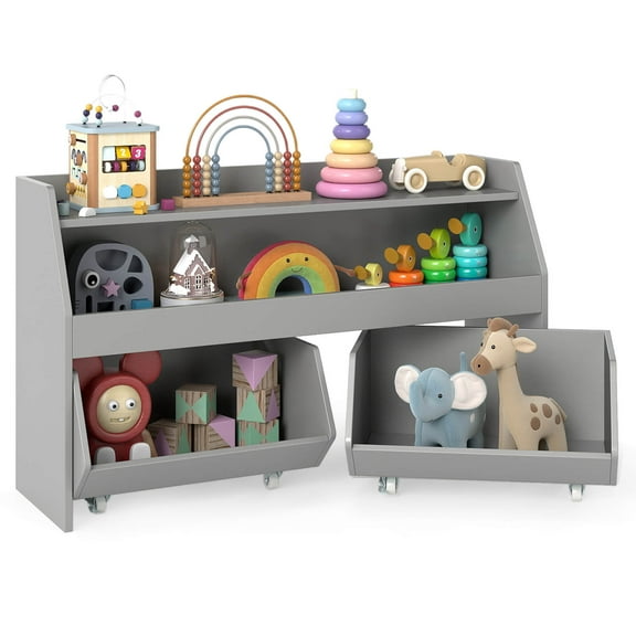 Costway Kids Toy Storage Organizer with 2 Movable Drawers Open Shelf Compartment for Kids Gray