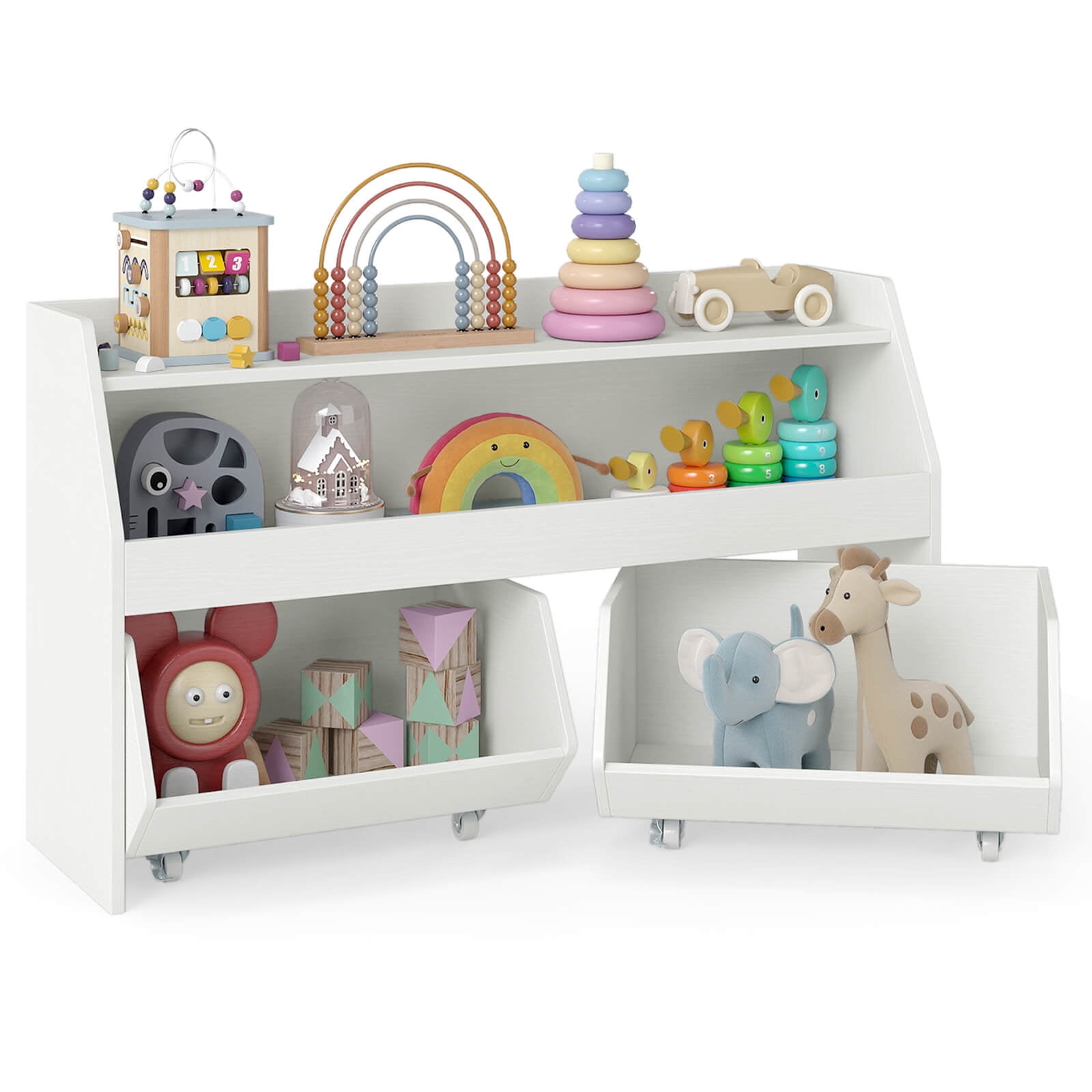 Costway Kids Toy Storage Organizer with 2 Movable Drawers Open Shelf Compartment for Kids White