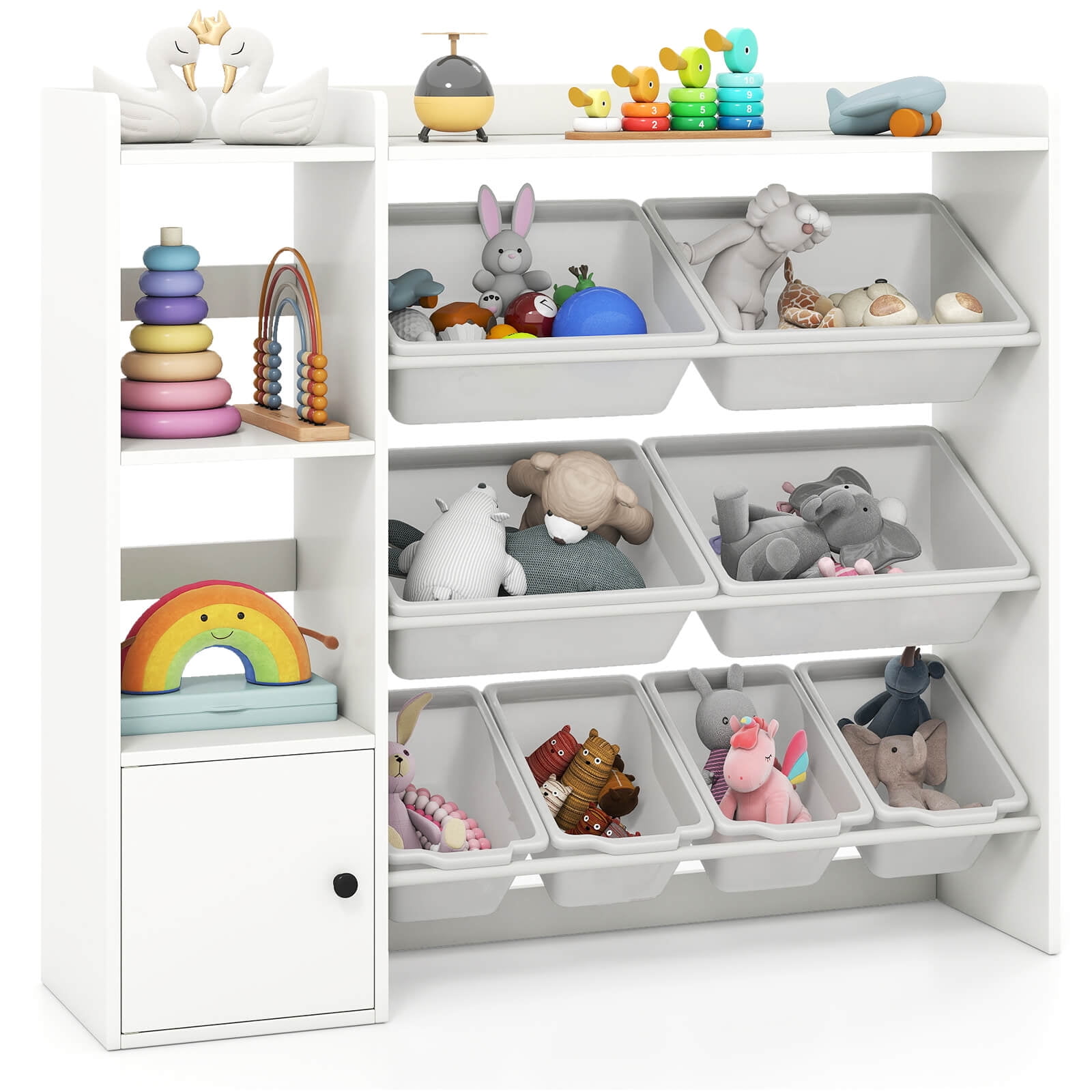 Costway Kids Toy Storage and Bookshelf, Wooden Bookcase with 4 Small Boxes & 4 Large Boxes