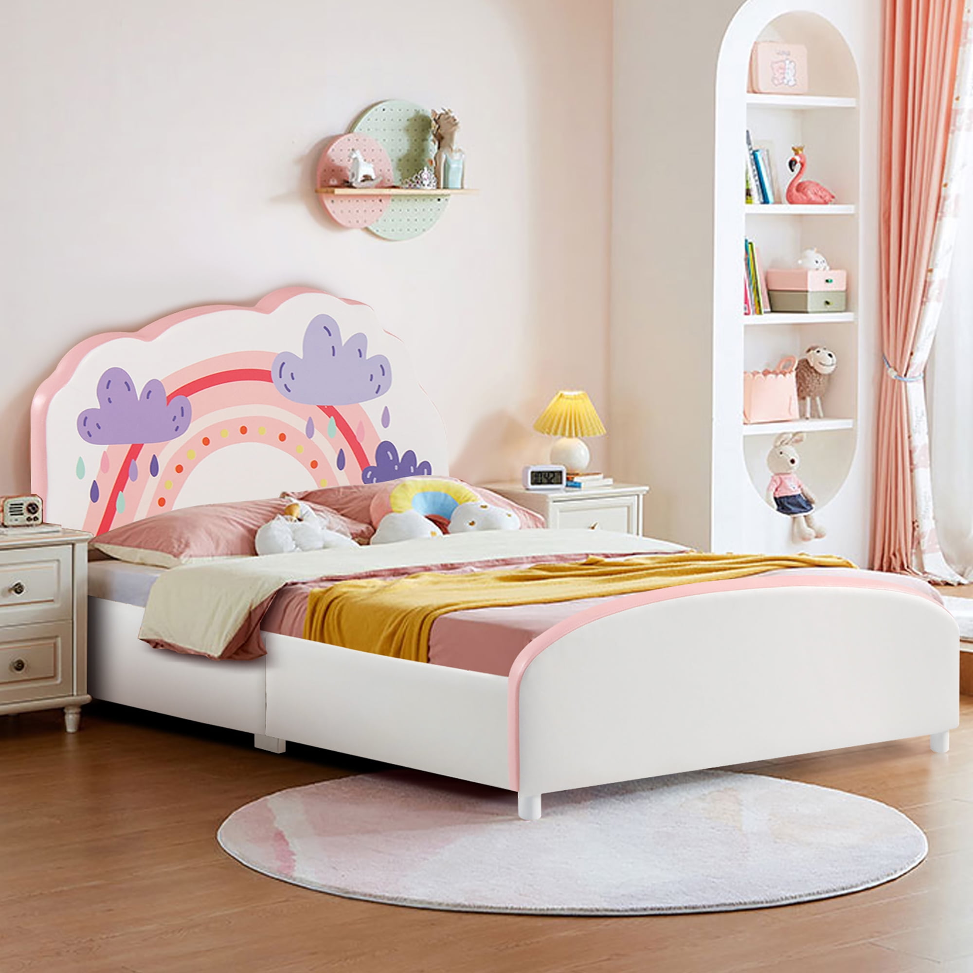 Costway Twin Size Kids Bed with Upholstered Platform, Wooden Frame, and ...