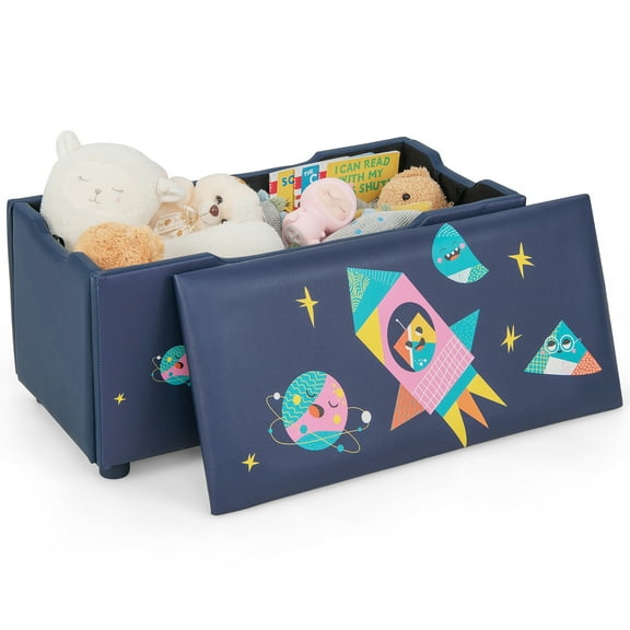 Costway Kids Upholstered Storage Ottoman Bench Versatile Toy Chest Footrest Stool with Lid Navy Blue