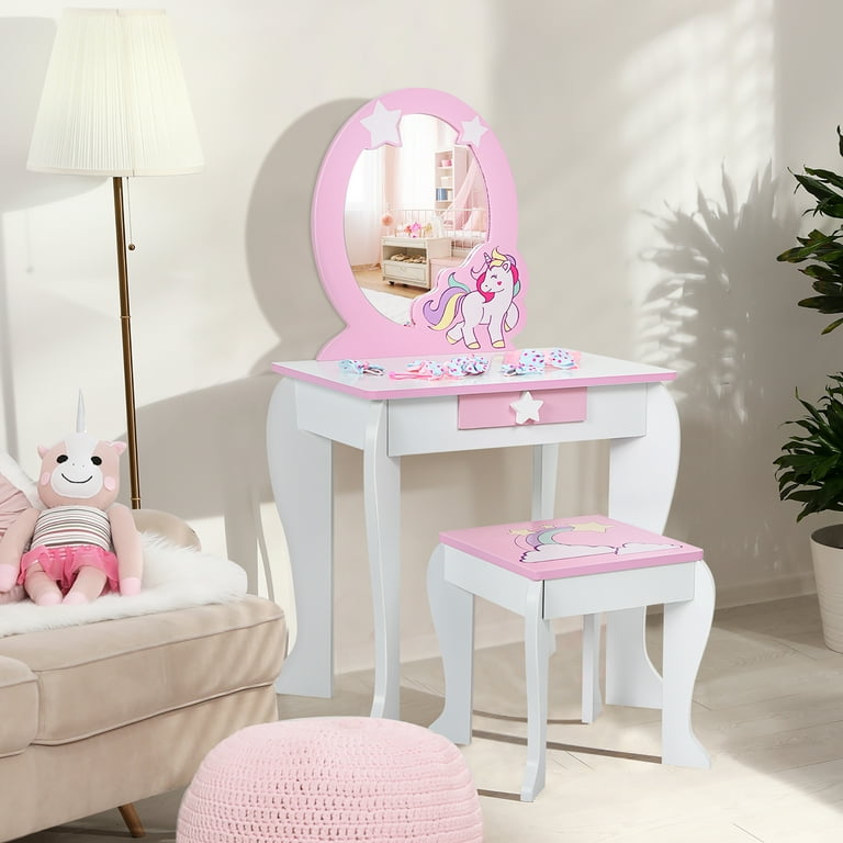 Costway Kids Vanity Makeup Dressing Table Chair Set Wooden W Mirror Drawer White