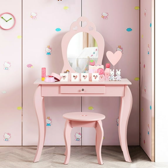 Costway Kids Vanity Set Princess Makeup Dressing Play Table Set W/Mirror Pink