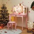thumbnail image 2 of Kids Vanity Table With Lighted Mirror, 2-in-1 Girls Vanity Set With Bookshelf, Drawer & Shelves, Makeup Table With Stool For 3-9 Year Olds, Pink 2 of 14