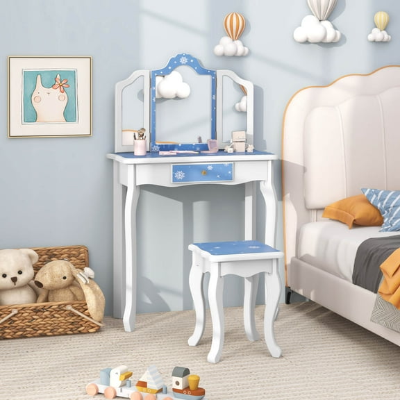 Costway Kids Vanity Set Toddler Makeup Table & Stool with Tri-folding Mirror Drawer Blue