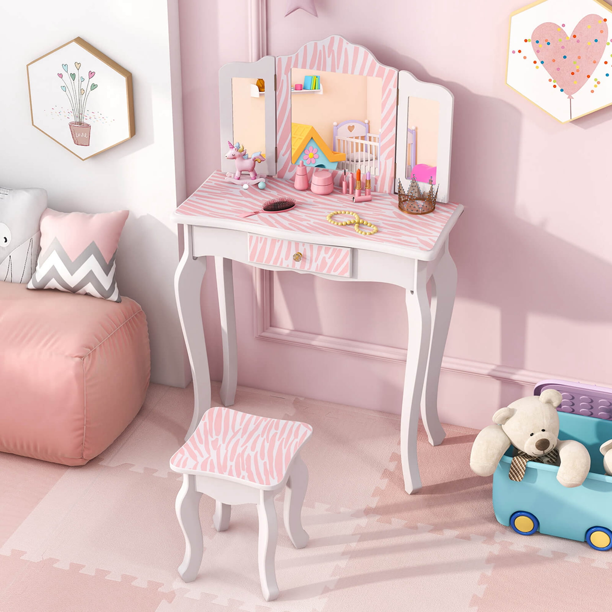 Costway Kids Vanity Set Toddler Makeup Table & Stool with Tri-folding
