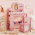 thumbnail image 1 of Costway Kids Vanity with Lights, 2 Drawers & 2-Tier Bookshelf, 3 Hooks & 2 Open Shelves Pink, 1 of 10