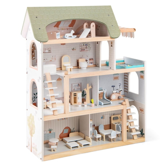 Costway Kids Wooden Dollhouse 4-Story Modern Doll House with 33Pcs Furniture Accessories