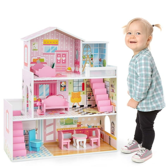 Costway Kids Wooden Dollhouse Playset, 27.5''