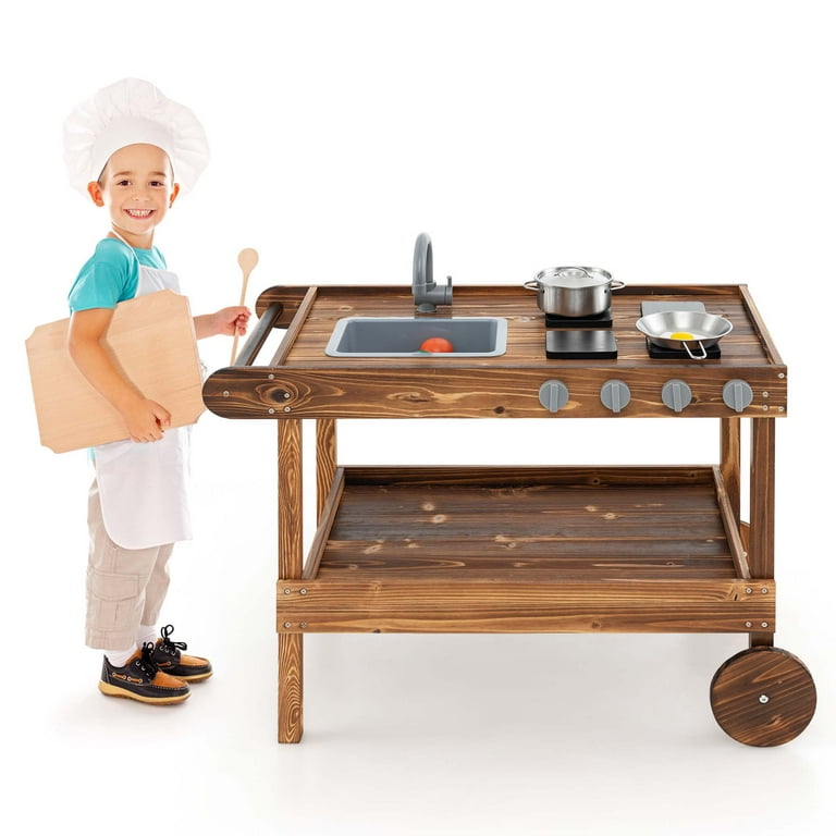 Costway Kids Wooden Mud Play Kitchen Cart with Sink, Stoves
