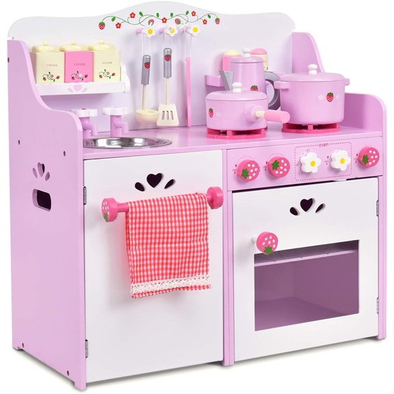 Costway Kids Wooden Play Set Kitchen Toy Strawberry Pretend Cooking Playset Toddler
