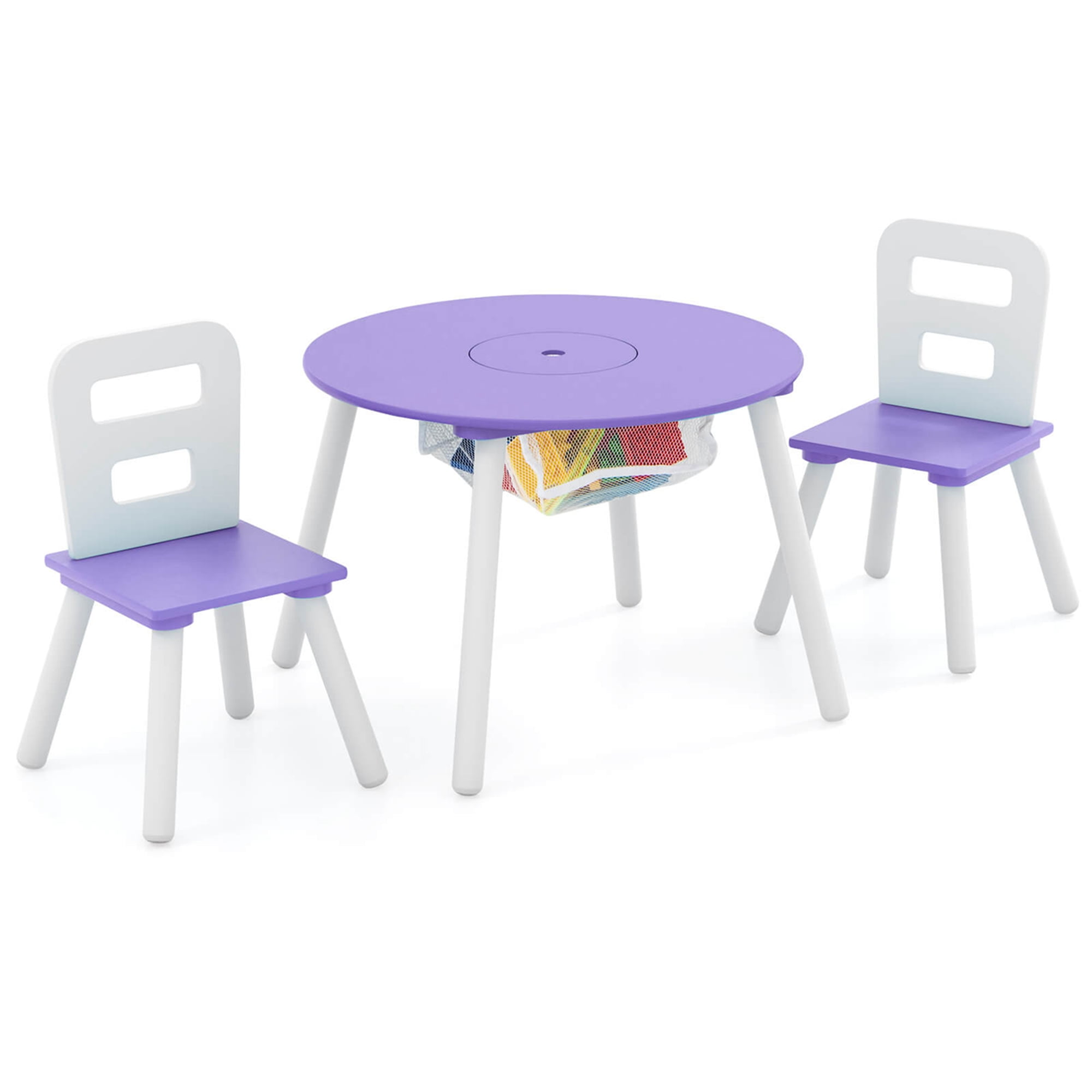 Costway Purple Wooden Round Table & 2 Chair Set for Kids/Toddler with ...