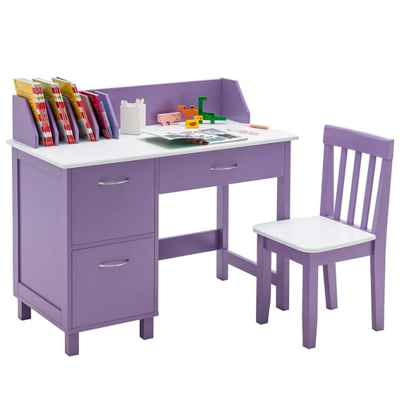 Costway Kids Wooden Study Desk & Chair Writing Table with Drawer Storage Cabinet