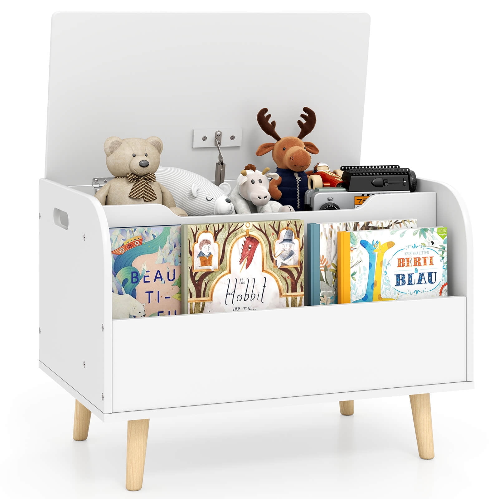 Costway Kids Wooden Toy Box with Front Bookshelf 4 Solid Wood Legs Flip-top Lid for Nursery White