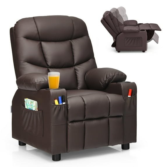 Costway Kids Youth Recliner Chair PU Leather w/Cup Holders & Side Pockets Brown