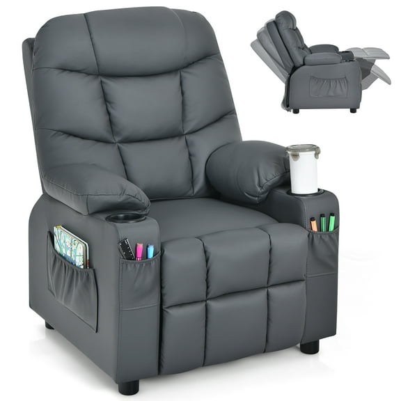 Costway Kids Youth Recliner Chair PU Leather w/Cup Holders & Side Pockets Gray