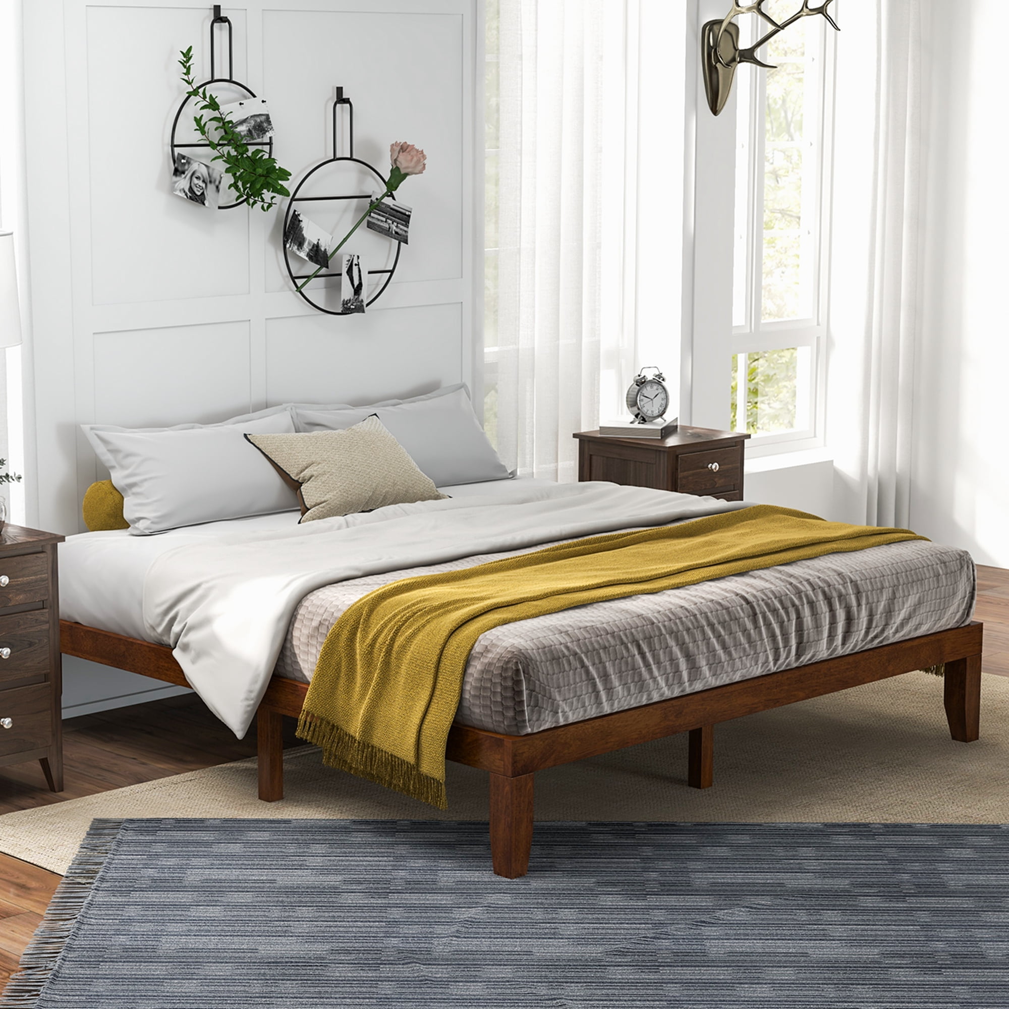 Costway King Modern Rubber Wood Plywood Standard Bed, Brown Cherry