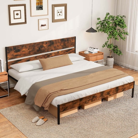 Costway King Size Bed Frame with Wooden Headboard Under-Bed Storage No Box Spring Needed