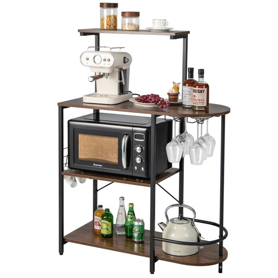 Costway Kitchen Bakers Rack Microwave Stand Coffee Bar w/ S-Hooks & Stemware Holder