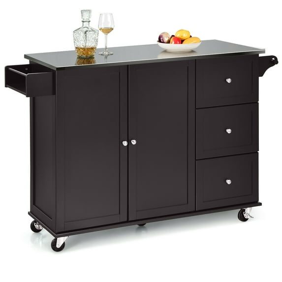 Costway Kitchen Island 2-Door Storage Cabinet Stainless Steel Top w/Drawers Brown