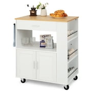 Costway Kitchen Island Cart Rolling Storage Cabinet w/ Drawer & Spice Rack Shelf White