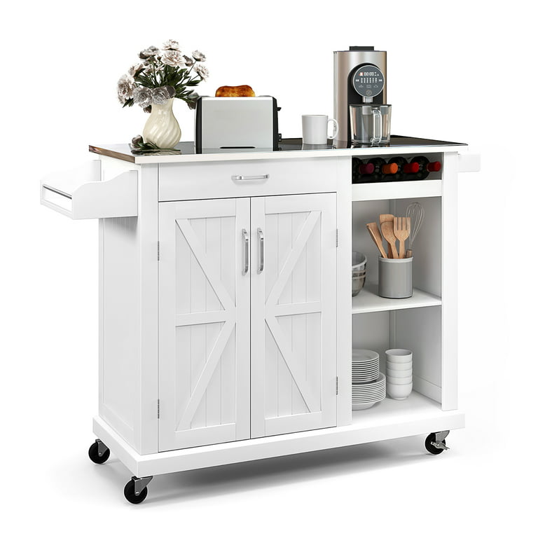 Costway Compact Kitchen Island Cart Rolling Service Trolley with Stainless Steel Top Basket