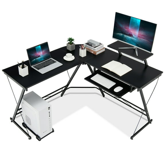 Costway L Shaped Computer Desk Home Office Workstation w/ Movable Monitor Stand Black