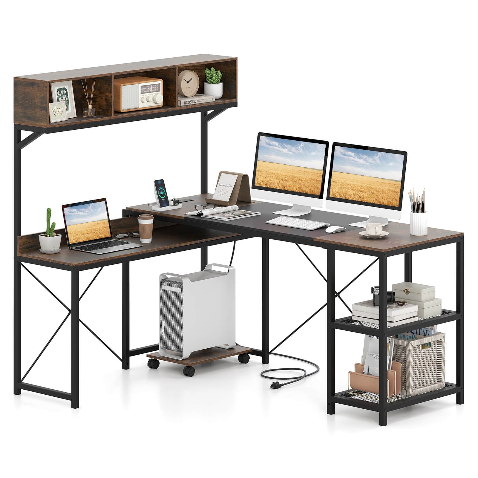 Costway L-Shaped Computer Desk with Power Outlets, 62” Corner Desk with Storage Hutch