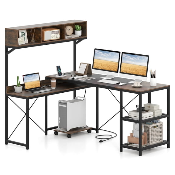 Costway L-Shaped Computer Desk with Power Outlets, 62 Corner Desk with Storage Hutch