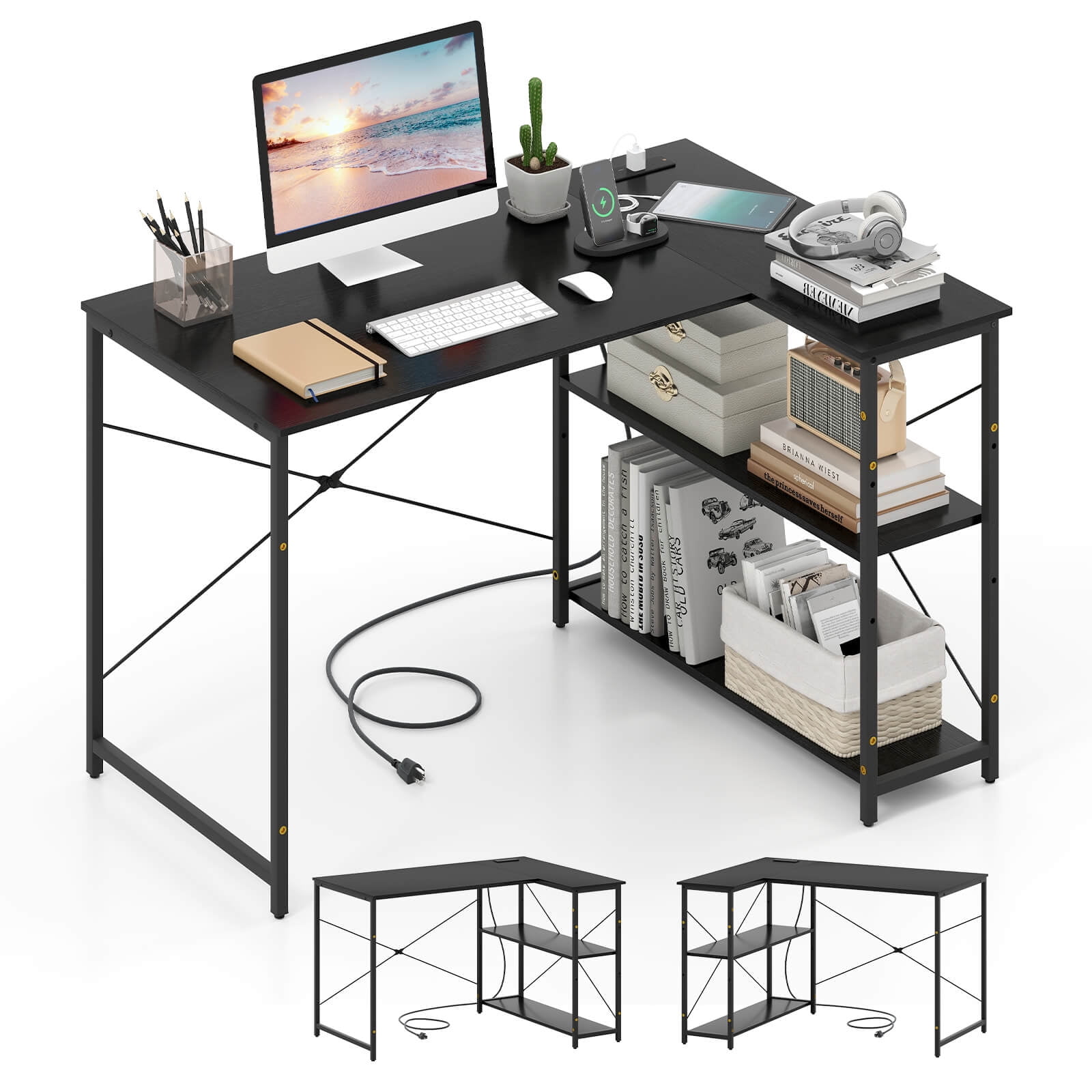Costway L-Shaped Computer Desk with Power Outlets Adjustable shelf Heavy-Duty Metal Frame Black