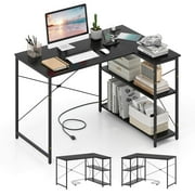 Costway L-Shaped Computer Desk with Power Outlets Adjustable shelf Heavy-Duty Metal Frame Black