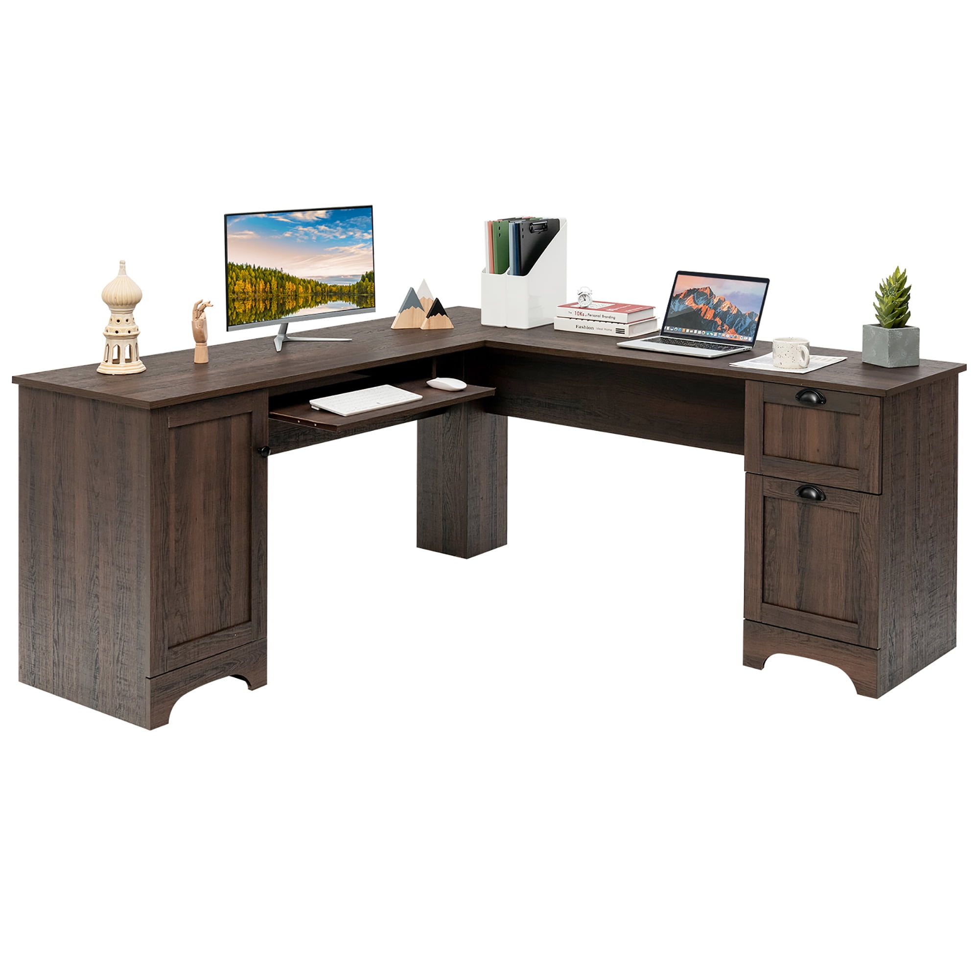 Costway L-Shaped Wood Corner Desk, Space Work Office, Study Writing ...