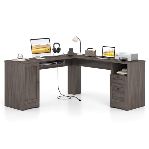 Costway L-Shaped Corner Computer Desk Writing Table Study Workstation w/ Drawers Coffee
