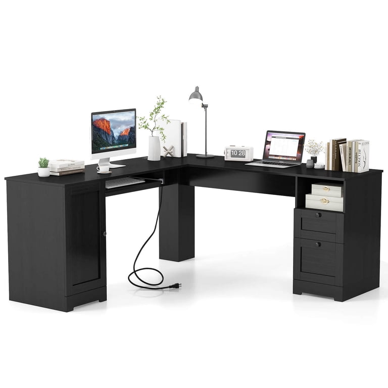 Costway Small Office Wood L-Shaped Corner Desk with Drawers