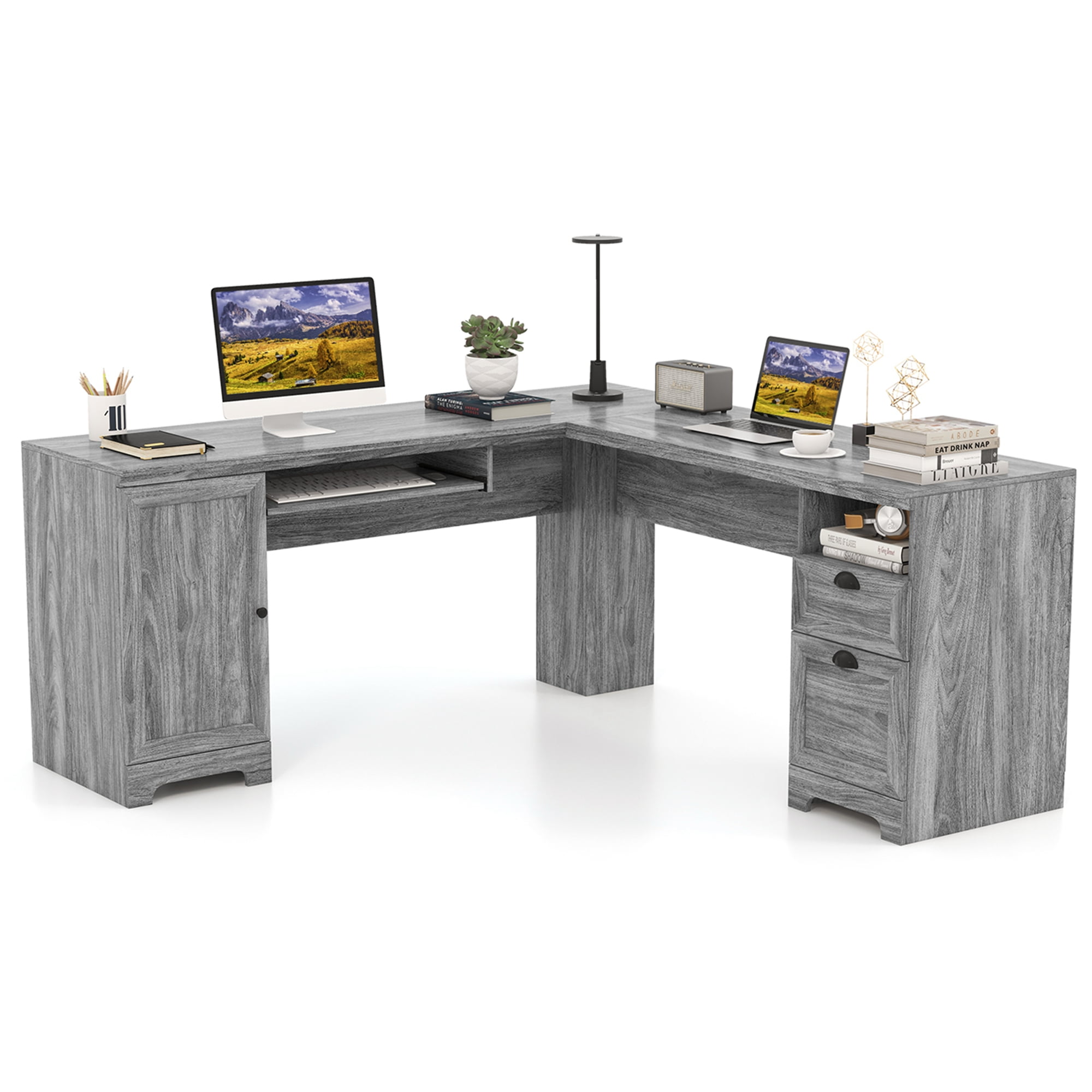 Costway Small Space Work Wood L-Shaped Corner Computer Desk with