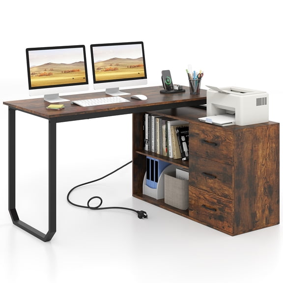 Costway L-Shaped Desk with Power Outlet 55" Reversible Computer Desk with 3 Drawers Rustic Brown & Black
