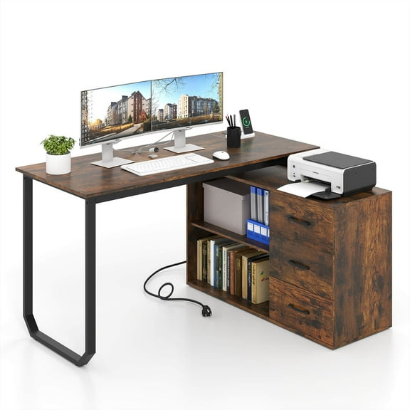 Costway L-Shaped Desk with Power Outlet 55" Reversible Computer Desk with 3 Drawers Rustic Brown & Black