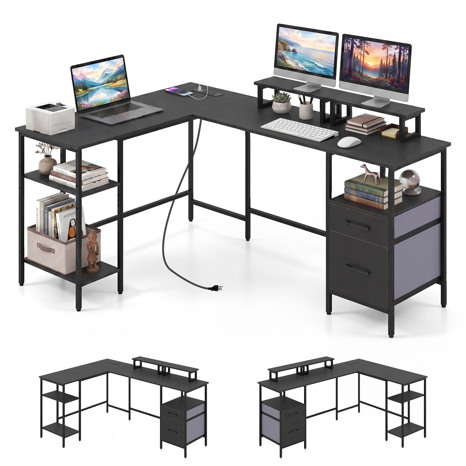 Costway L Shaped Desk with Power Outlet, Reversible Computer Desk with Monitor Stands Gray + Black