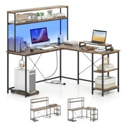 Costway L-Shaped Gaming Desk with LED Strip & Power Outlets Hutch Monitor Stand CPU Stand Brown