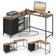Costway L-shaped Computer Desk with Power Outlet, Drawers, Metal Mesh Shelves Rustic Brown