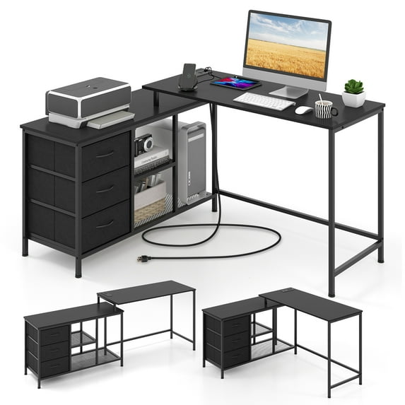 Costway L-shaped Computer Desk with Power Outlet, Fabric Drawers, Metal Mesh Shelves Black