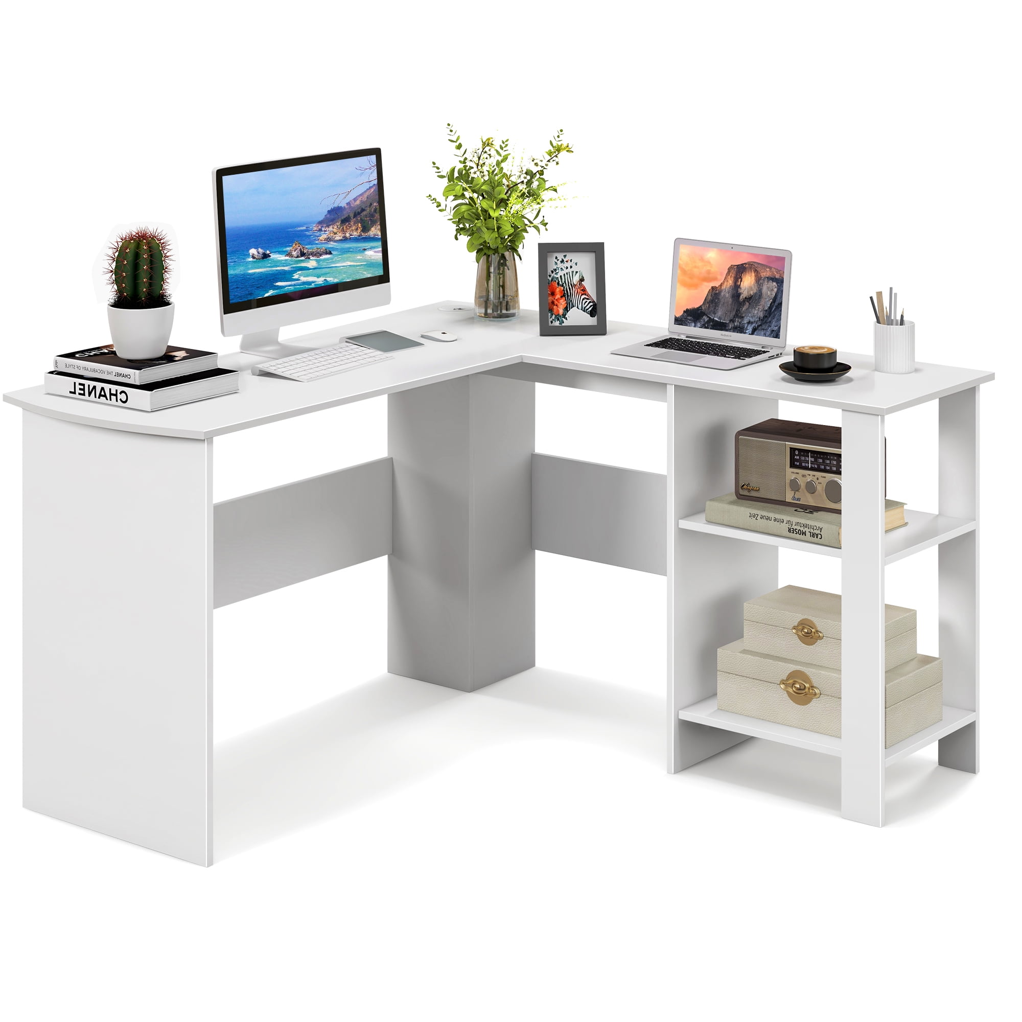 Naomi Home L Shaped Desk with Drawers, 60 Inch Corner Computer Desks, Large  L-Shaped Office Table with Open Shelves, 2 Person Home Office Desk with