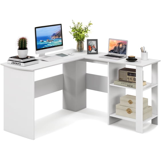 Costway L-shaped Corner Computer Desk Home Office Writing Workstation with Storage Shelves White