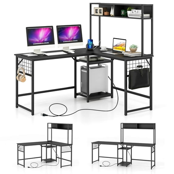 Costway L-shaped Desk with Power Outlet Large Corner Desk Converts to 2-Person Long Desk Black