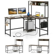Costway L-shaped Desk with Power Outlet Large Corner Desk Converts to 2-Person Long Desk Rustic Brown