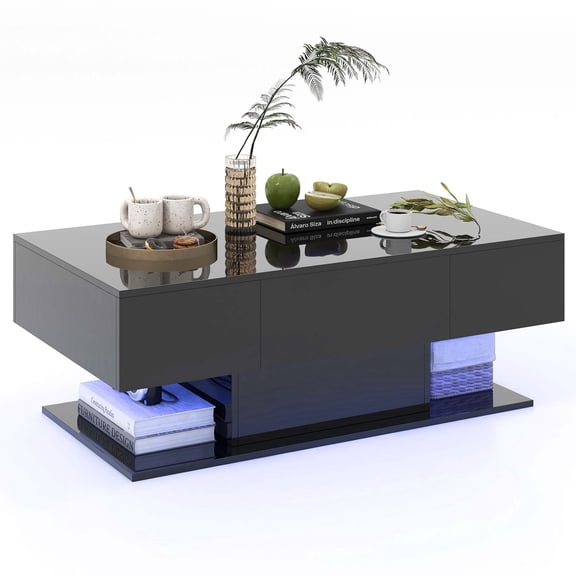Costway LED Coffee Table with 2 Drawers 20-Color Dimmable LED Lights & Remote Control Black