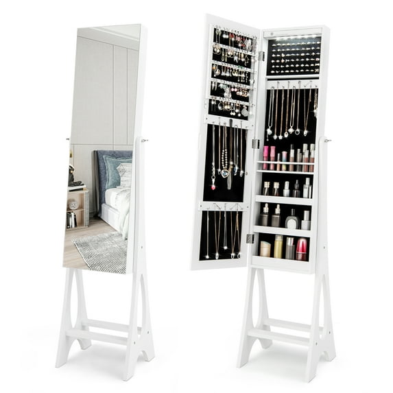 Costway LED Jewelry Cabinet Armoire with Bevel Edge Mirror Organizer Mirrored Standing White